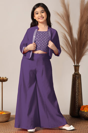 Girls Purple Silk Blend Embroidered Crop Top And Jacket With Palazzo Set