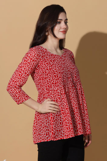 Womens Red Georgette All-Over Printed Top