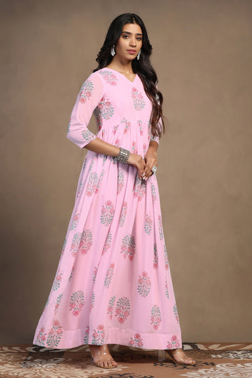 Womens Light Pink Georgette Floral Printed A-Line Maxi Length Dress