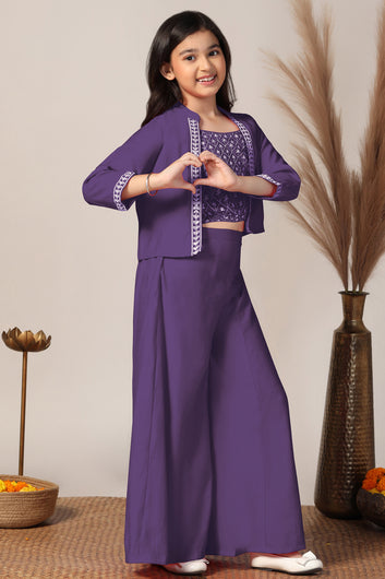 Girls Purple Silk Blend Embroidered Crop Top And Jacket With Palazzo Set
