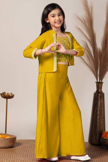 Girls Yellow Silk Blend Embroidered Crop Top And Jacket With Palazzo Set