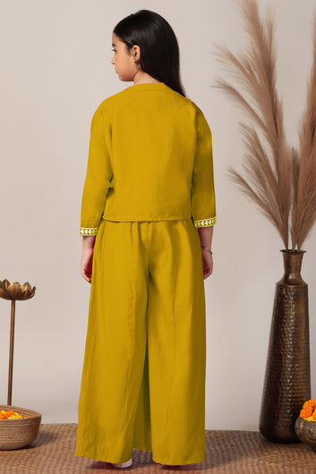 Girls Yellow Silk Blend Embroidered Crop Top And Jacket With Palazzo Set
