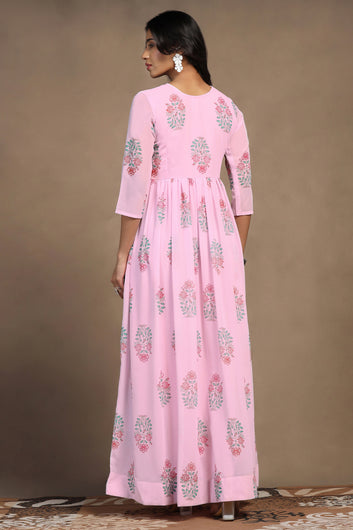 Womens Light Pink Georgette Floral Printed A-Line Maxi Length Dress