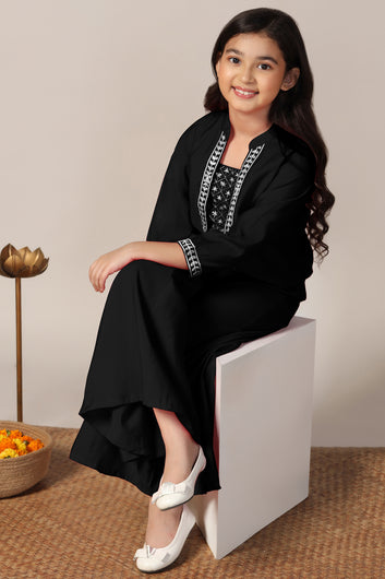 Girls Black Silk Blend Embroidered Crop Top And Jacket With Palazzo Set