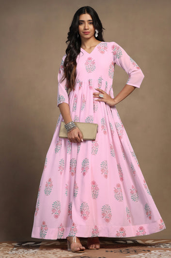 Womens Light Pink Georgette Floral Printed A-Line Maxi Length Dress