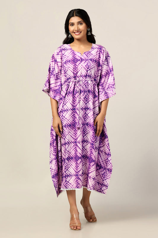 Womens Purple Slub Tie & Dye Printed Kaftan Dress