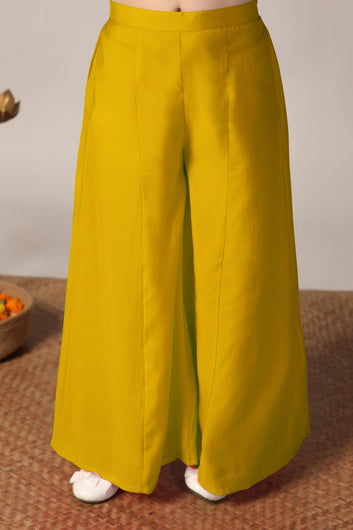 Girls Yellow Silk Blend Embroidered Crop Top And Jacket With Palazzo Set