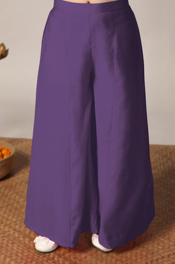 Girls Purple Silk Blend Embroidered Crop Top And Jacket With Palazzo Set