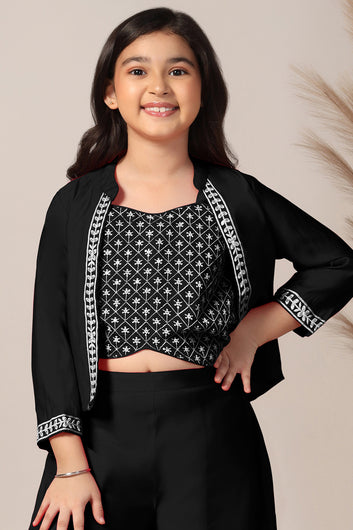 Girls Black Silk Blend Embroidered Crop Top And Jacket With Palazzo Set