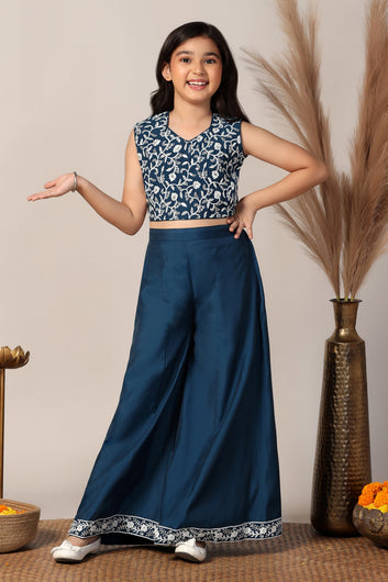 Girl's Blue Silk Blend Embroidered Crop Top and Palazzo Set
