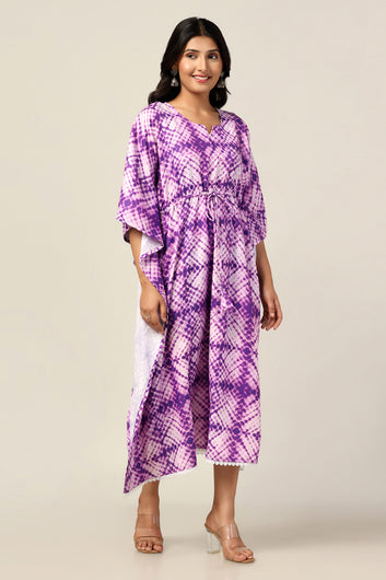 Womens Purple Slub Tie & Dye Printed Kaftan Dress