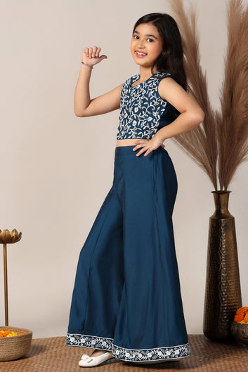 Girl's Blue Silk Blend Embroidered Crop Top and Palazzo Set