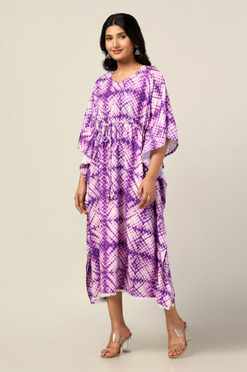 Womens Purple Slub Tie & Dye Printed Kaftan Dress