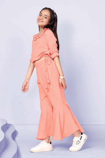 Girls Peach Solid Crop Top With Sharara Set