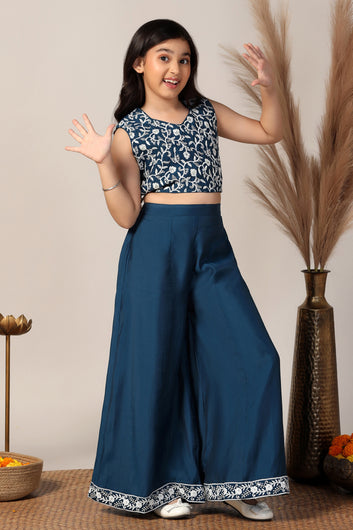 Girl's Blue Silk Blend Embroidered Crop Top and Palazzo Set