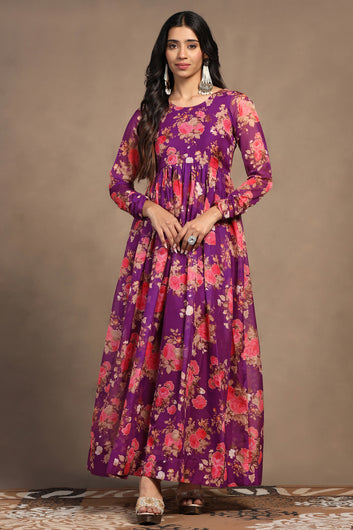 Womens Purple Tabby Organza Floral Printed Gathered Maxi Dress