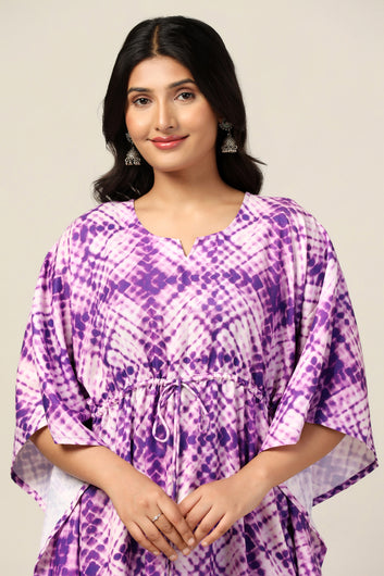 Womens Purple Slub Tie & Dye Printed Kaftan Dress