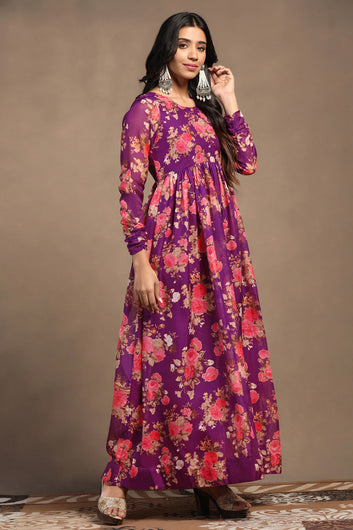 Womens Purple Tabby Organza Floral Printed Gathered Maxi Dress