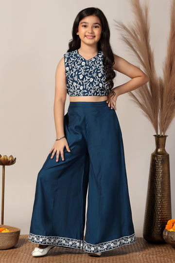 Girl's Blue Silk Blend Embroidered Crop Top and Palazzo Set