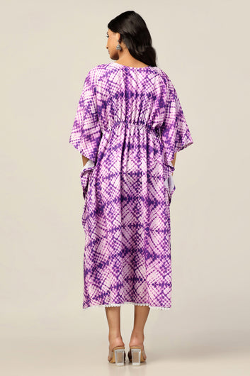 Womens Purple Slub Tie & Dye Printed Kaftan Dress