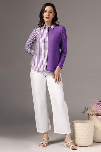 Womens Purple Muslin One Side Stripe Printed Regular Fit Women Shirt