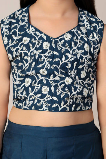 Girl's Blue Silk Blend Embroidered Crop Top and Palazzo Set
