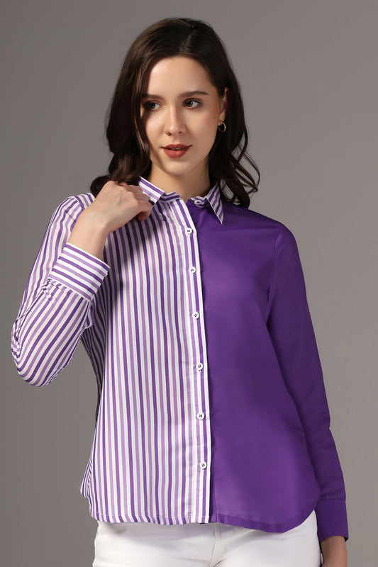 Womens Purple Muslin One Side Stripe Printed Regular Fit Women Shirt