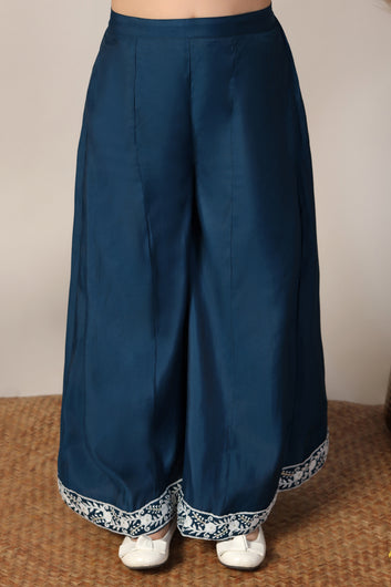 Girl's Blue Silk Blend Embroidered Crop Top and Palazzo Set