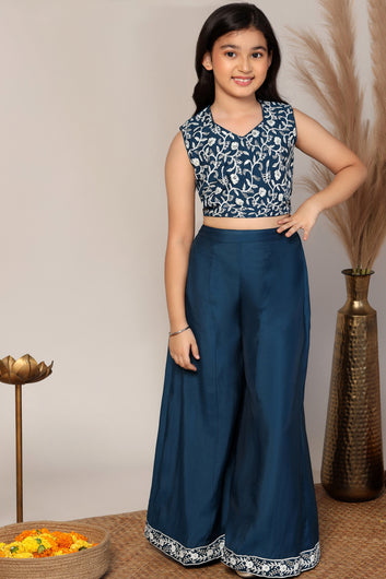 Girl's Blue Silk Blend Embroidered Crop Top and Palazzo Set