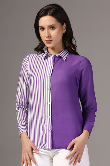 Womens Purple Muslin One Side Stripe Printed Regular Fit Women Shirt