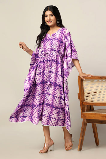 Womens Purple Slub Tie & Dye Printed Kaftan Dress