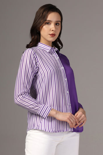 Womens Purple Muslin One Side Stripe Printed Regular Fit Women Shirt