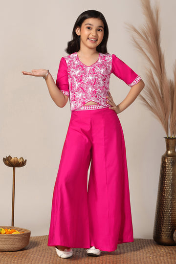 Girls Pink Silk Blend Embroidered Top With Palazzo Set