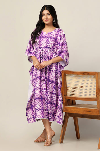 Womens Purple Slub Tie & Dye Printed Kaftan Dress