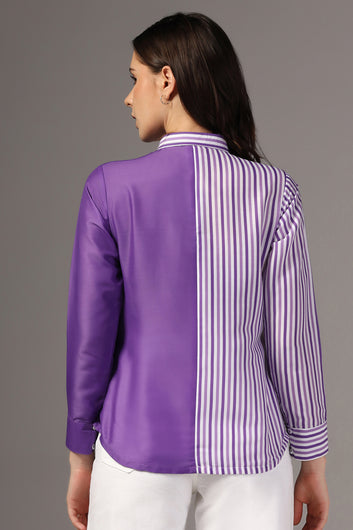 Womens Purple Muslin One Side Stripe Printed Regular Fit Women Shirt