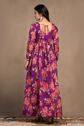 Womens Purple Tabby Organza Floral Printed Gathered Maxi Dress