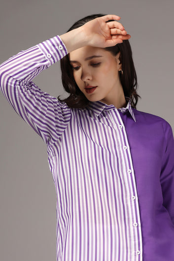 Womens Purple Muslin One Side Stripe Printed Regular Fit Women Shirt