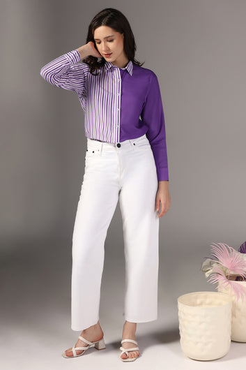 Womens Purple Muslin One Side Stripe Printed Regular Fit Women Shirt