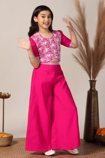 Girls Pink Silk Blend Embroidered Top With Palazzo Set