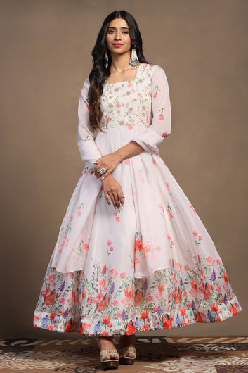 Womens Light Peach Organza Floral Printed Maxi Length Anarkali Kurta And Trouser With Dupatta Set