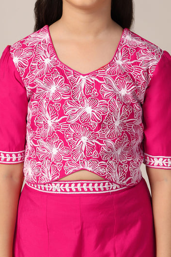 Girls Pink Silk Blend Embroidered Top With Palazzo Set