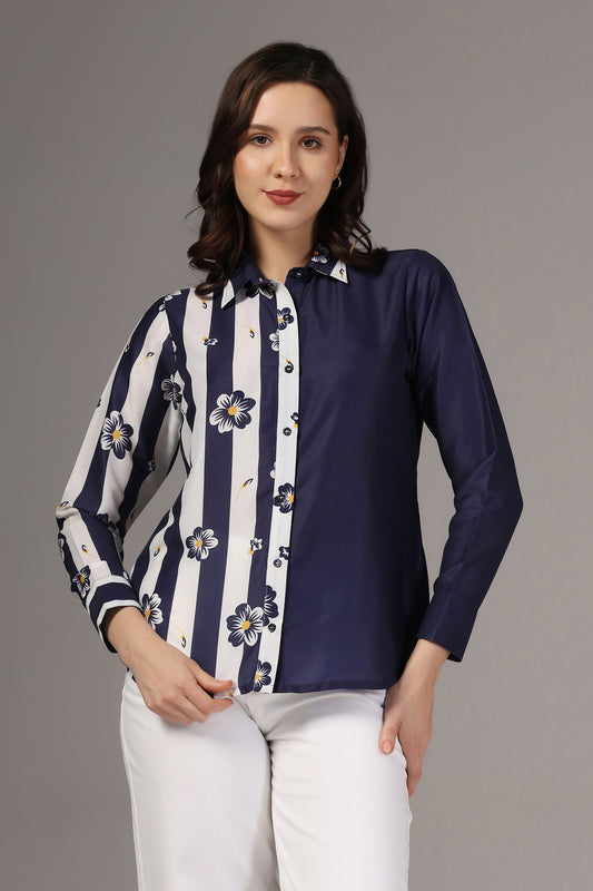 Womens Navy Blue Muslin One Side Printed Regular Fit Women Shirt