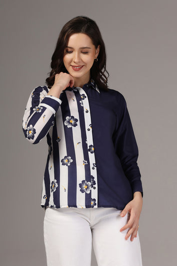 Womens Navy Blue Muslin One Side Printed Regular Fit Women Shirt