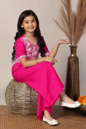 Girls Pink Silk Blend Embroidered Top With Palazzo Set