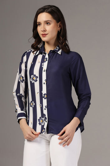 Womens Navy Blue Muslin One Side Printed Regular Fit Women Shirt