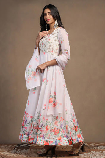 Womens Light Peach Organza Floral Printed Maxi Length Anarkali Kurta And Trouser With Dupatta Set