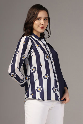 Womens Navy Blue Muslin One Side Printed Regular Fit Women Shirt