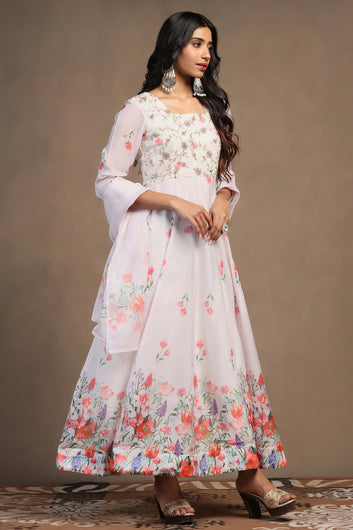 Womens Light Peach Organza Floral Printed Maxi Length Anarkali Kurta And Trouser With Dupatta Set