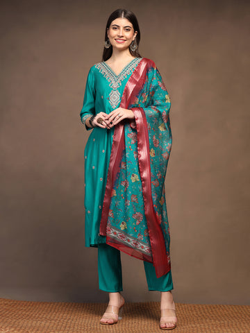 Womens Rama Silk Blend Embroidered Ankle Length Straight Kurta And Pant With Dupatta Set