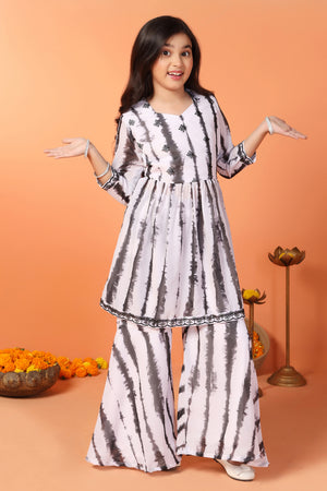 Girls Black Georgette Leheriya Printed Peplum Kurta With Sharara Set